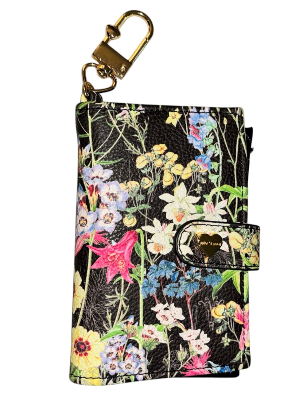 Betsey Johnson Black Floral Card Case Wallet Keychain Bag Charm Gold